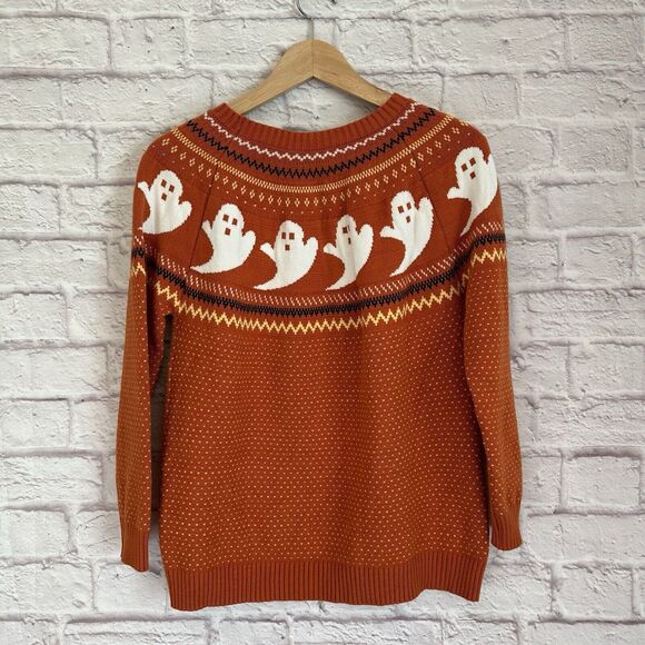 Halloween Spooky Ghost Knit Sweater Fair Isle Polka Dot Orange - Picture 2 of 4